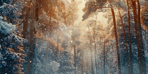 Realistic forest view with snow covered trees in the midst of a wild snowstorm for a diorama