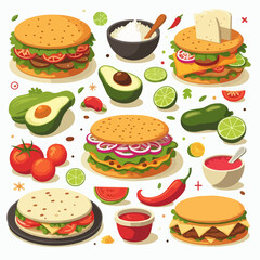 Mexican food set. Guacamole, chiltomate, quesadillas, chile ennogada, nachos, enmoladas, burritos, tamales, tacos, fajitas, etc. Vector illustration isolated on white background.