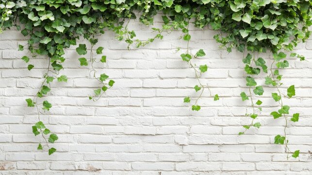 Fototapeta Ivy White brick wall texture background,Climbing plant, green ivy or vine plant growing on antique brick wall of abandoned house,ancient bricks fence,brickwork exterior mockup,Retro style background.