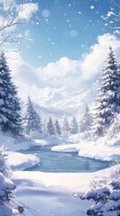 Fototapeta premium Glacial Vision: High-Detail Hand-Drawn Snow Scene Embracing the Tranquility of Nature with Clarity and Gentle Warmth to Welcome the Winter Charm in Anime Style