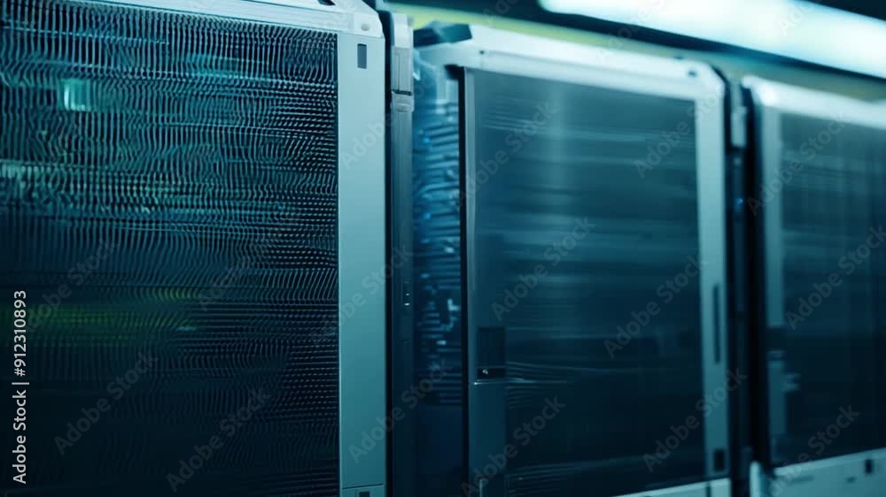 Poster rows of advanced data storage equipment highlight cutting-edge technology within a high-tech environ