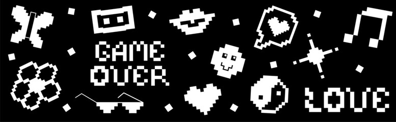 Pixel Y2k retro sticker pack. 90's trendy playful stickers and icons. 8-bit aesthetics vector illustration. Simple geometric form, smile, lips, butterfly. Black and white badge isolated on black.