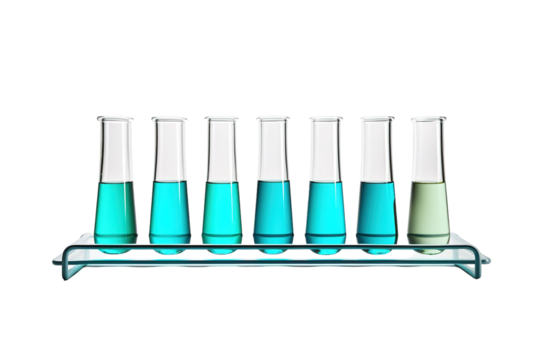 A Row of Test Tubes Filled With Vibrant Blue Liquid, Waiting for the Next Experiment on a White or Clear Surface PNG Transparent Background