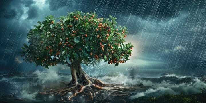 A fig tree in fruit with strong roots enduring a severe storm