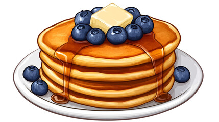 Stack of Fluffy Golden Pancakes Topped with Maple Syrup, Fresh Blueberries, and Butter Isolated