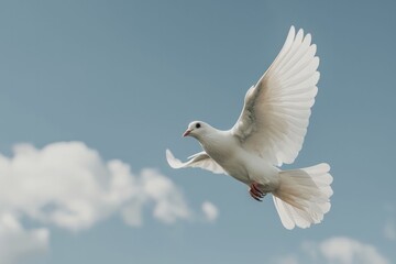 A white dove gliding across a clear blue sky, representing Christian peace and unity, accompanied by gentle clouds drifting in the distance.