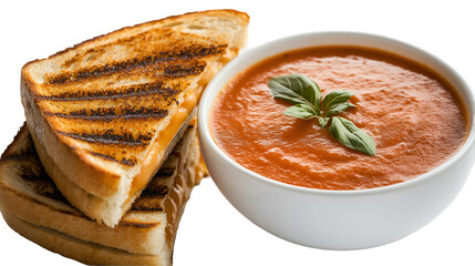 Creamy Bowl of Tomato Soup with Grilled Cheese Sandwich, Sliced Diagonally, Isolated