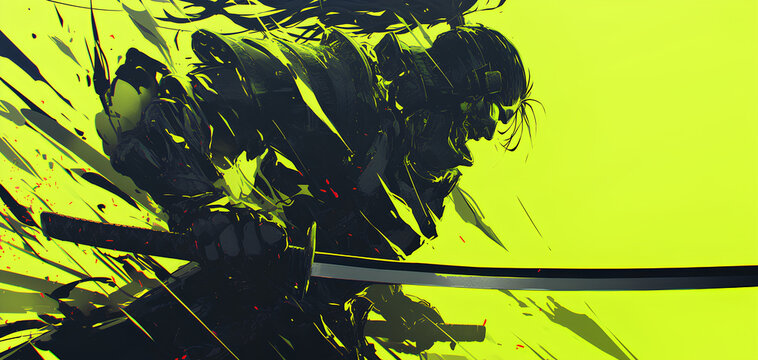 black and green color samurai silhouette with speed effect background