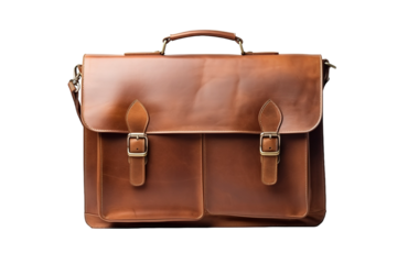 A Vintage Brown Leather Briefcase With Brass Buckles, Isolated Against a White Background on a White or Clear Surface PNG Transparent Background