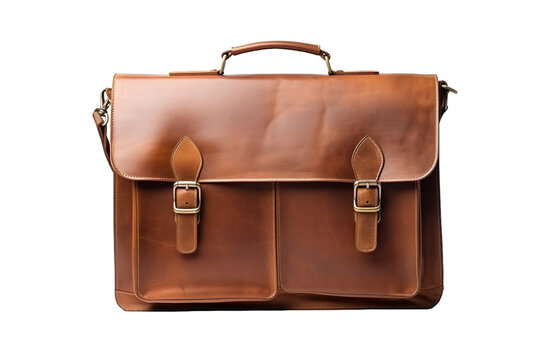 A Vintage Brown Leather Briefcase With Brass Buckles, Isolated Against a White Background on a White or Clear Surface PNG Transparent Background - Powered by Adobe