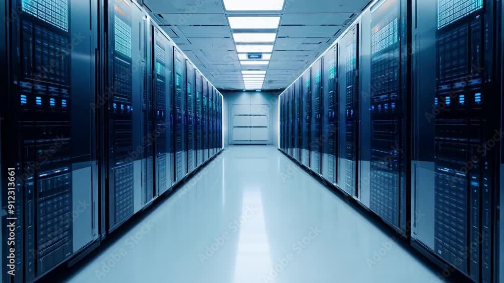 Poster a sleek corridor lined with advanced server racks showcases the cutting-edge technology of a modern 