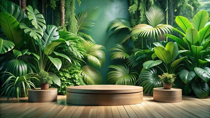 Obraz premium Background podium jungle product platform 3D green wood display pedestal. Background podium jungle tree nature leaf tropical cosmetic summer forest plant garden stage water presentation stone table.