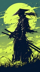 black and green color samurai silhouette with speed effect background