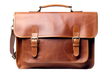 A Classic Brown Leather Briefcase With Golden Buckles on a White or Clear Surface PNG Transparent Background