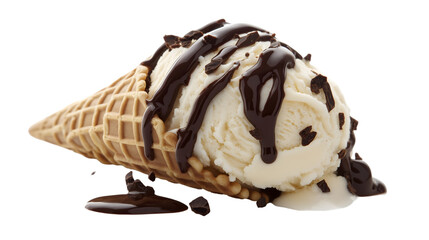 Scoop of Rich Vanilla Ice Cream With Chocolate Drizzle in a Waffle Cone Isolated