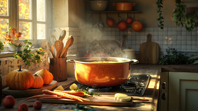 A steaming pot of soup on a rustic stove in a cozy kitchen with autumn vegetables. Concepts of home cooking, seasonal ingredients, and warm, comforting meals.
