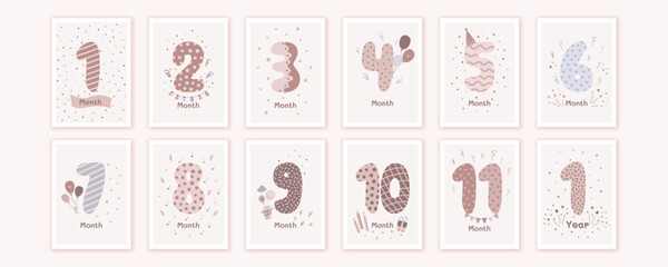 Milestone cards set  with numbers in beige pastel colors for newborn boy and girl. Baby month anniversary card  in flat trendy design. Cartoon vector illustration.
