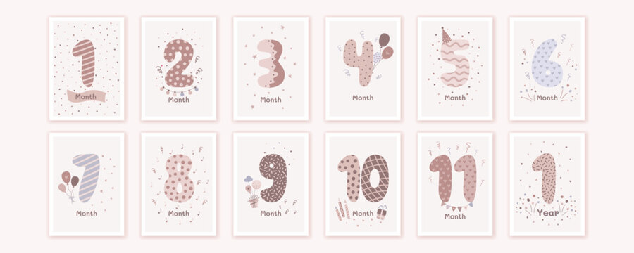 Milestone cards set  with numbers in beige pastel colors for newborn boy and girl. Baby month anniversary card  in flat trendy design. Cartoon vector illustration.

