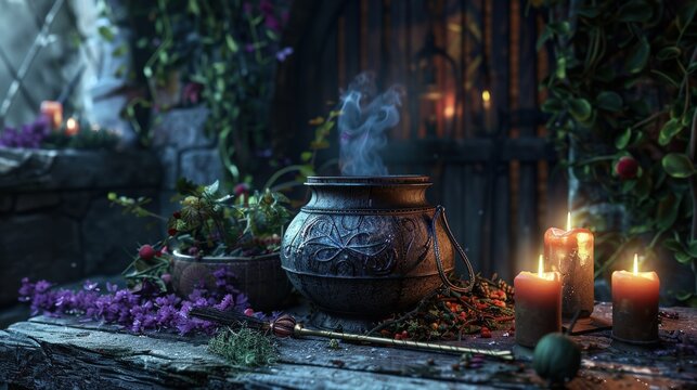 A witch's altar features a bubbling cauldron, flickering candles, and various herbs, creating an enchanting atmosphere in a dimly lit setting
