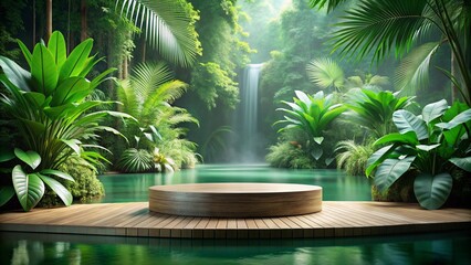 Obraz premium Background podium jungle product platform 3D green wood display pedestal. Background podium jungle tree nature leaf tropical cosmetic summer forest plant garden stage water presentation stone table.