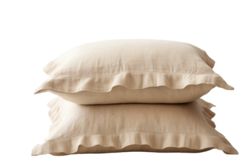 Two Stacked Cream Linen Pillowcases With Ruffled Edges on a White or Clear Surface PNG Transparent Background