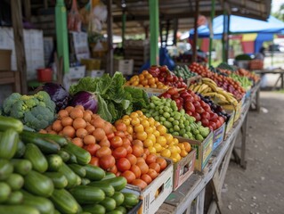 Obraz premium A vibrant roadside market features stalls brimming with fresh fruits and vegetables, showcasing the richness of local produce and fostering community connections.