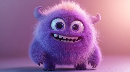 Cute violet or purple furry monster 3D cartoon character