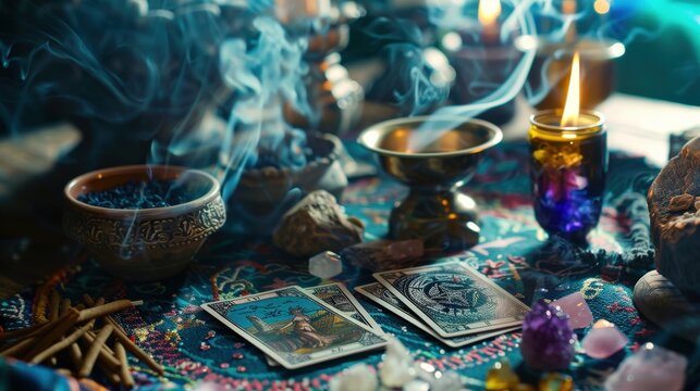 A witch’s altar showcases tarot cards surrounded by incense smoke, crystals, and candles, creating an enchanting atmosphere during twilight