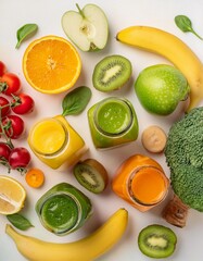 Smoothies de diferentes frutas naturales con fruta fresca y verduras en botes de cristal, kiwi, plátano, naranja...vista superior