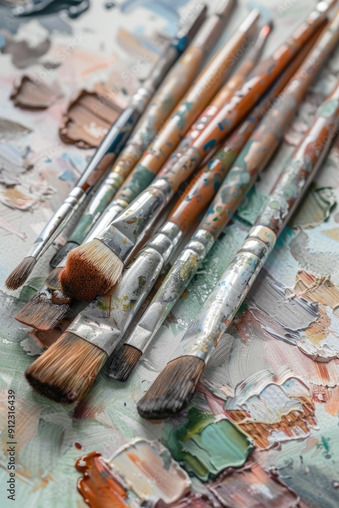 Poster A collection of paintbrushes resting on a table, ready for use in various artistic applications
