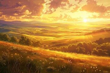 A picturesque panorama showcasing a rolling countryside bathed in the golden glow of a setting sun