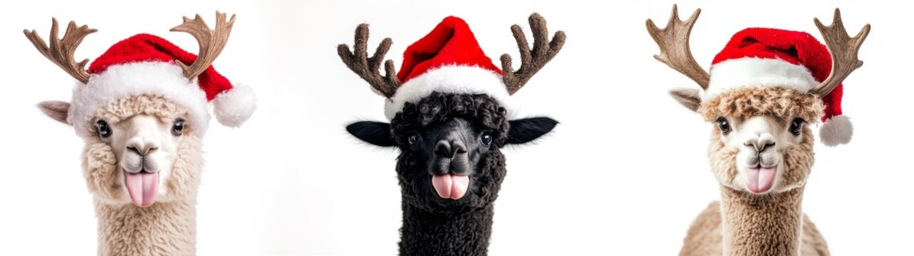 Merry Christmas holiday greeting card banner panorama - Set collection of funny alpacas head with reindeer antlers and santa claus hat costume and tongue stuck out, isolated on white background