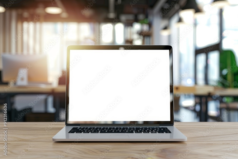 Aufkleber laptop computer with blank screen on a wooden desk in an office setting