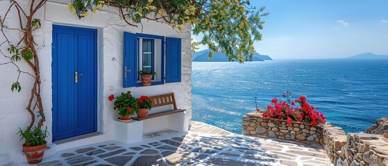 Fototapeta premium A blue house with a white door sits on a stone patio overlooking the ocean