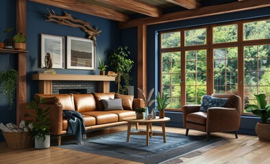 Fototapeta premium Modern Living Room with Leather Furniture and Large Windows