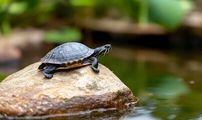 Fototapeta premium grey turtle resting on a rock in a peaceful pond, Generative AI