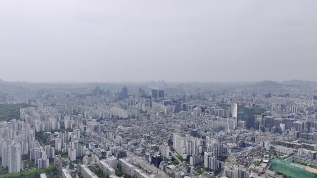 rone View of Seoul city in South Korea, gangnam financial district, Summer 60fps