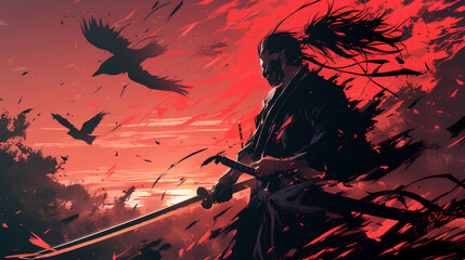 black and red color samurai silhouette with speed effect background