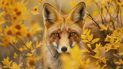 Fototapeta premium A Red Fox Peering Through Autumn Foliage
