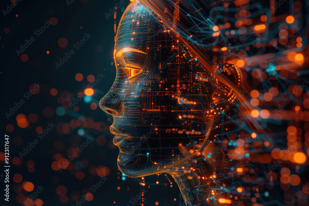 Poster digital face of a woman's profile surrounded by glowing orange circuitry and data points on dark bac