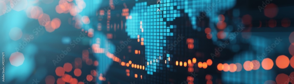 Poster abstract world map with pixelated digital globe and blurred lights, representing global connectivity