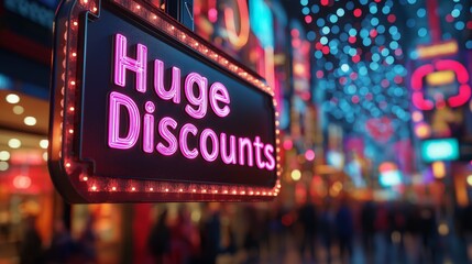 Huge Discounts Neon Sign, Bright Pink and Blue Palette, Eye-Catching and Modern Composition, Suitable for Black Friday and Holiday Sales, Ideal for Storefronts and Online Advertisements