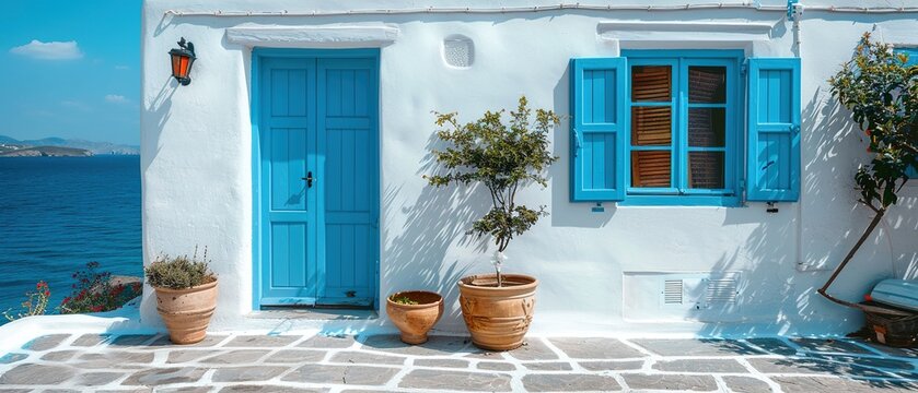 Fototapeta A white house with blue shutters and blue doors