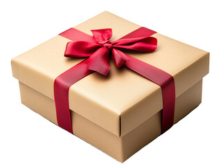 Obraz premium A beautifully wrapped gift box made from brown kraft paper is adorned with a vibrant red ribbon bow. This present is perfect for various celebrations and evokes feelings of excitement and joy