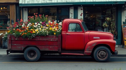 Vintage Red Truck Filled with Flowers