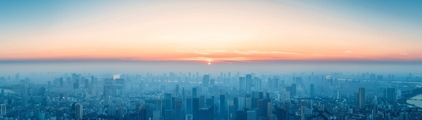 Fototapeta premium aerial view of cityscape with foggy sunrise and pink sky - urban landscape photography