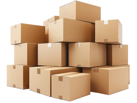A collection of cardboard boxes is organized in a tall stack inside a warehouse. The boxes vary in size and are neatly arranged for easy access.