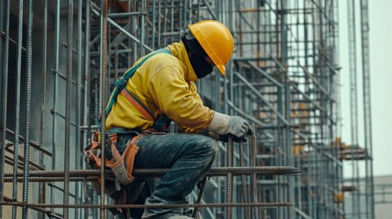 Close up construction worker working on steel rebar frames at the site of an industrial building under creation metal girder frame structure of a concrete modern commercial complex.