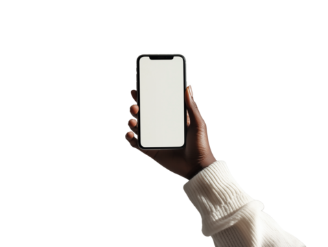 A hand is extended, holding a smartphone that has a blank screen. The background is entirely white, emphasizing the device. The individual appears to be engaging with their phone