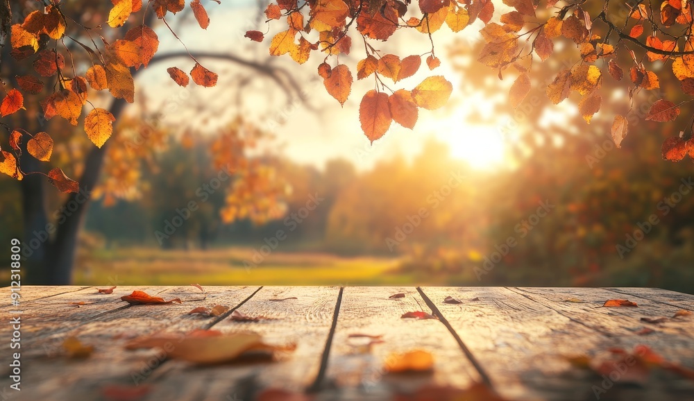 Poster defocused background and bokeh effect on a table with red leaves during the autumn